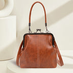 Retro Handbag for Women - Leather Shoulder Bag Evening Clutch Crossbody Purse with Kiss Lock Brown