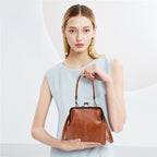 Retro Handbag for Women - Leather Shoulder Bag Evening Clutch Crossbody Purse with Kiss Lock Brown