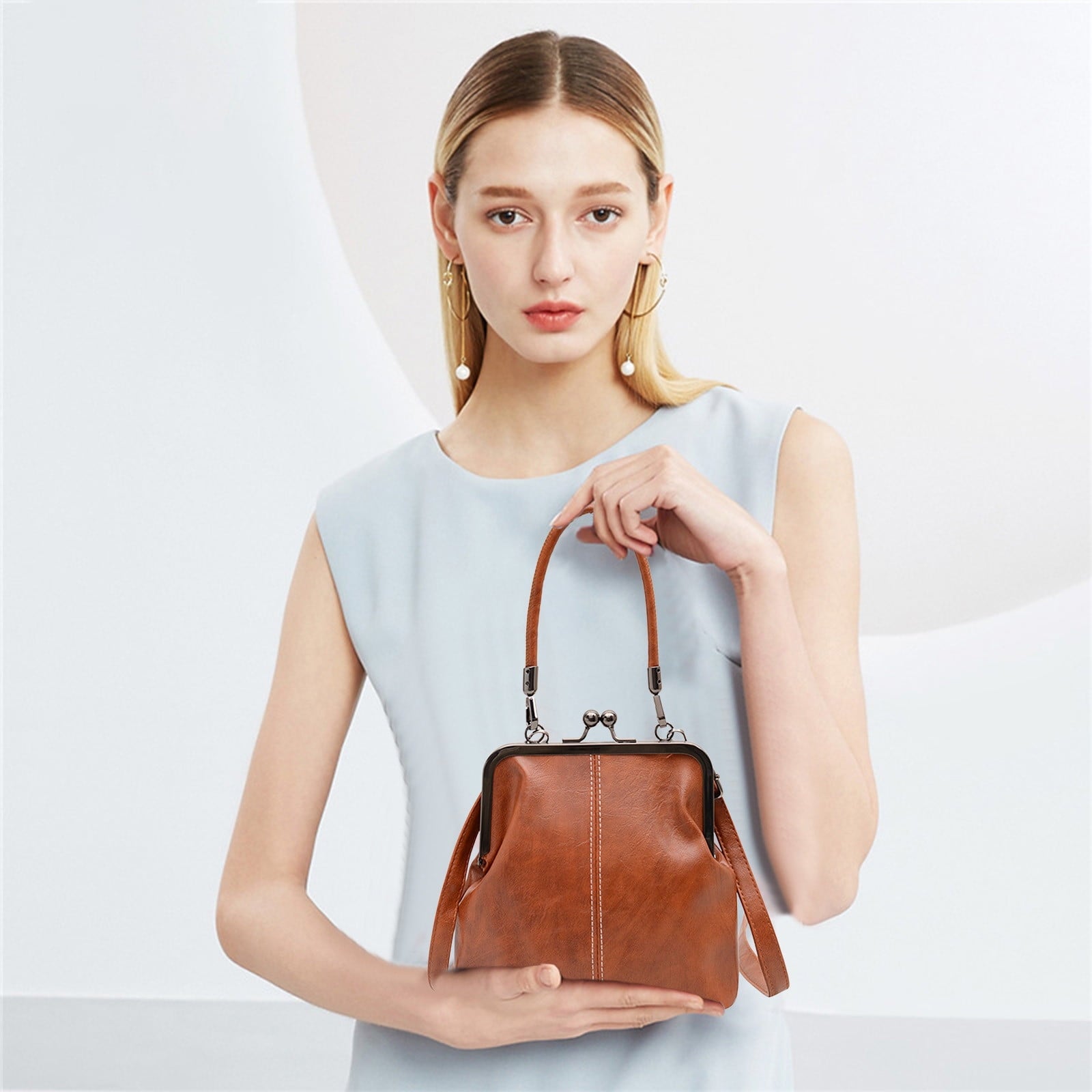 Retro Handbag for Women - Leather Shoulder Bag Evening Clutch Crossbody Purse with Kiss Lock Brown