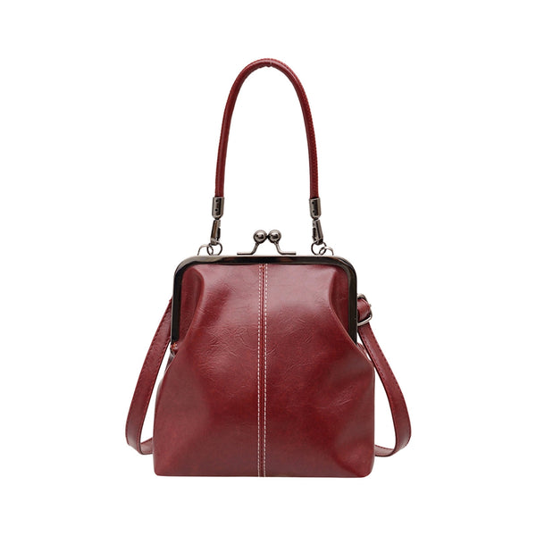Retro Handbag for Women - Leather Shoulder Bag Evening Clutch Crossbody Purse with Kiss Lock Burgundy