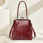 Retro Handbag for Women - Leather Shoulder Bag Evening Clutch Crossbody Purse with Kiss Lock Burgundy