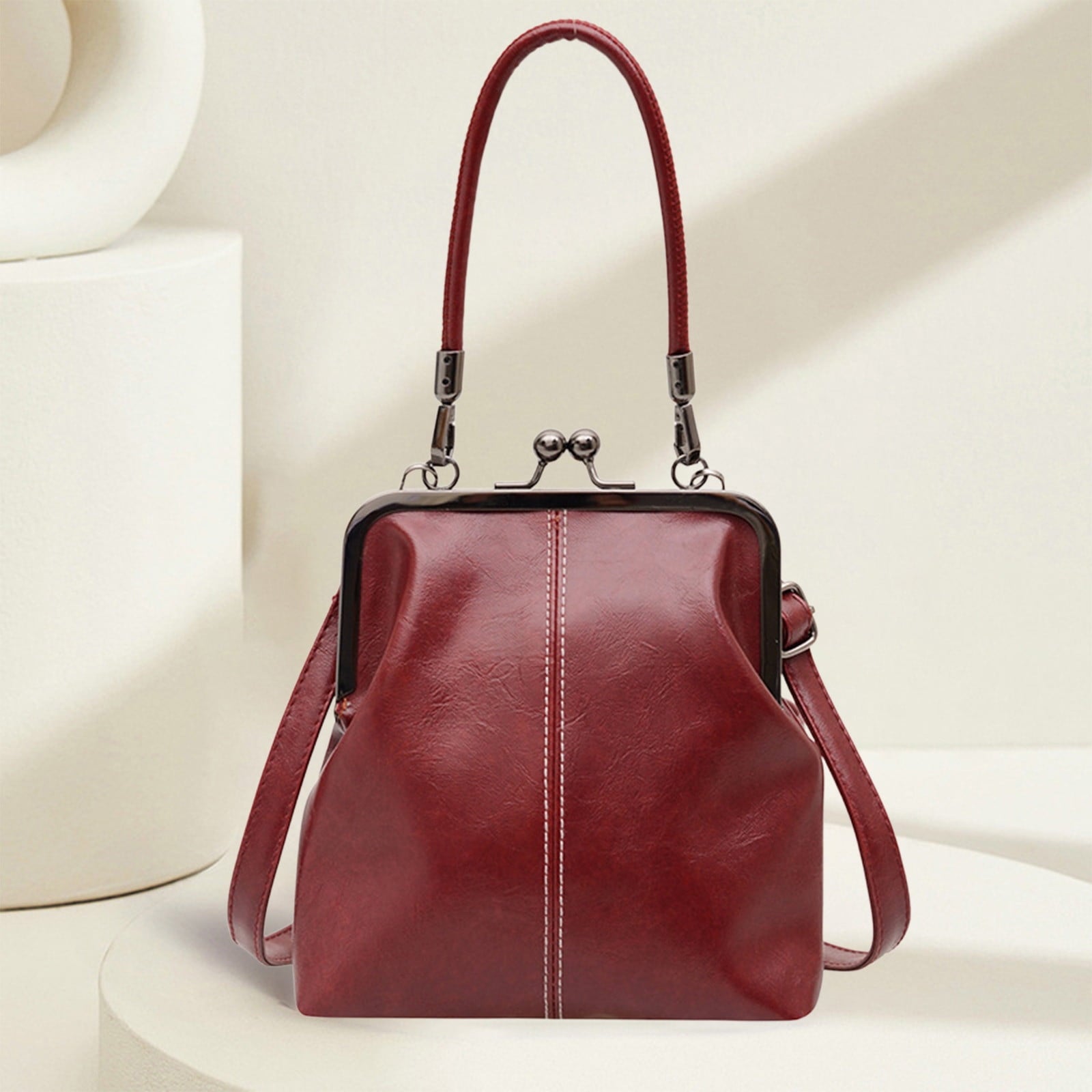 Retro Handbag for Women - Leather Shoulder Bag Evening Clutch Crossbody Purse with Kiss Lock Burgundy