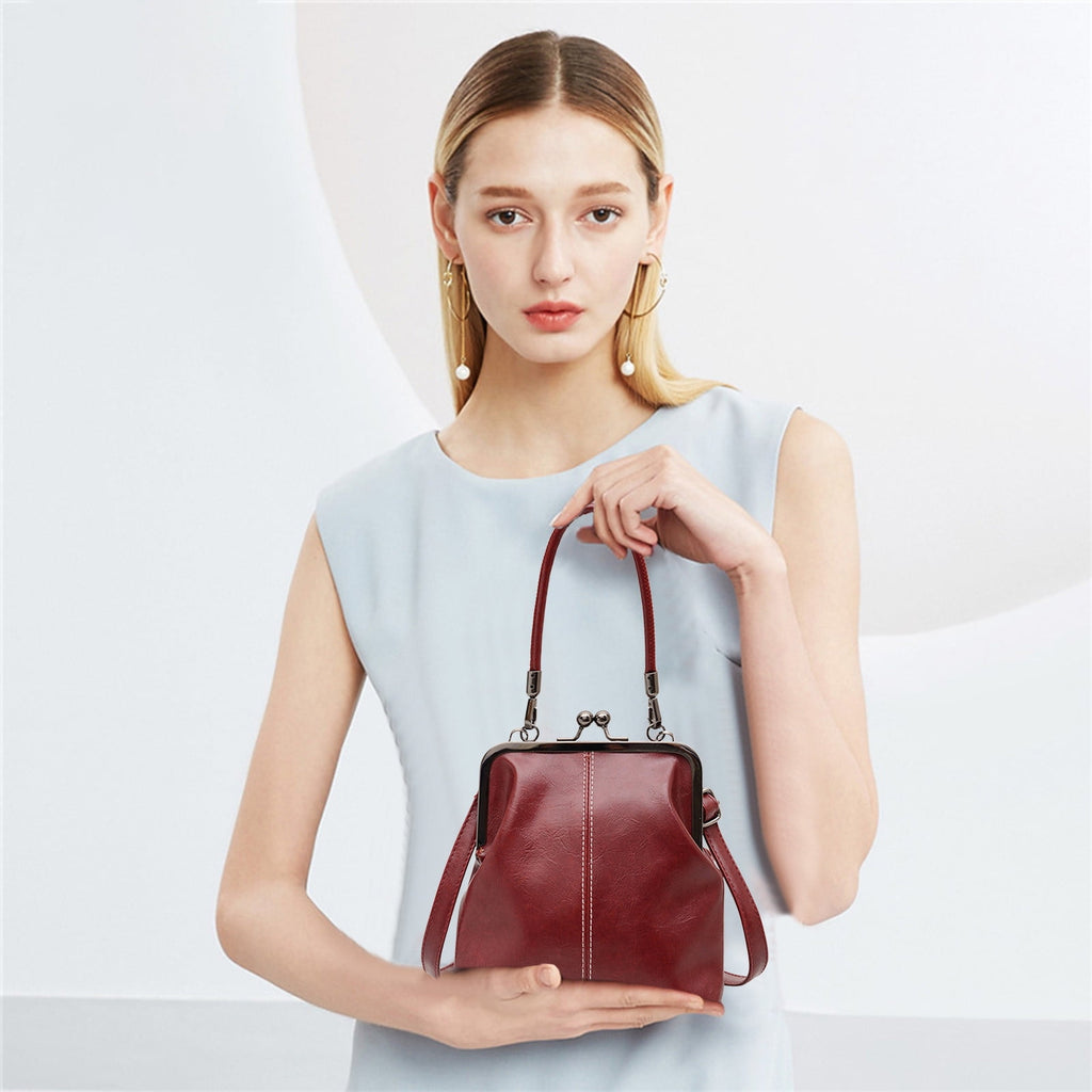 Retro Handbag for Women - Leather Shoulder Bag Evening Clutch Crossbody Purse with Kiss Lock Burgundy
