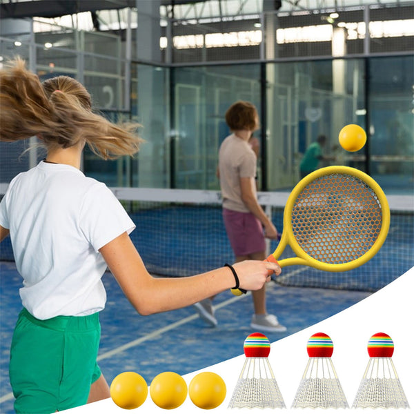 Kids Badminton & Tennis Set - Racket Family Sports Gift with Balls， Lightweight Beginner Gear for Ages 6-12, Indoor/Outdoor Play Red 1