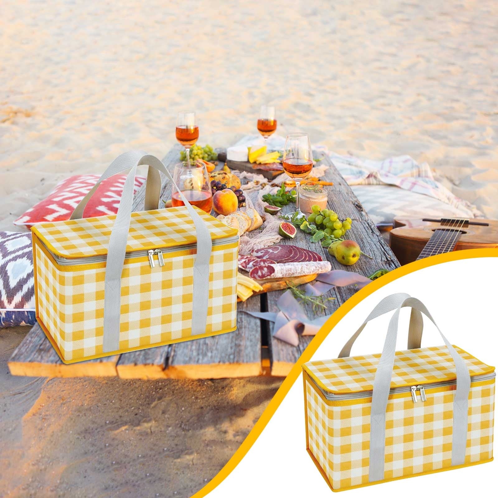 Large Picnic Basket Shopping Basket Camping Picnic Basket Travel Picnic Bag Portable Bento Bag Thermal Insulation Bag Yellow