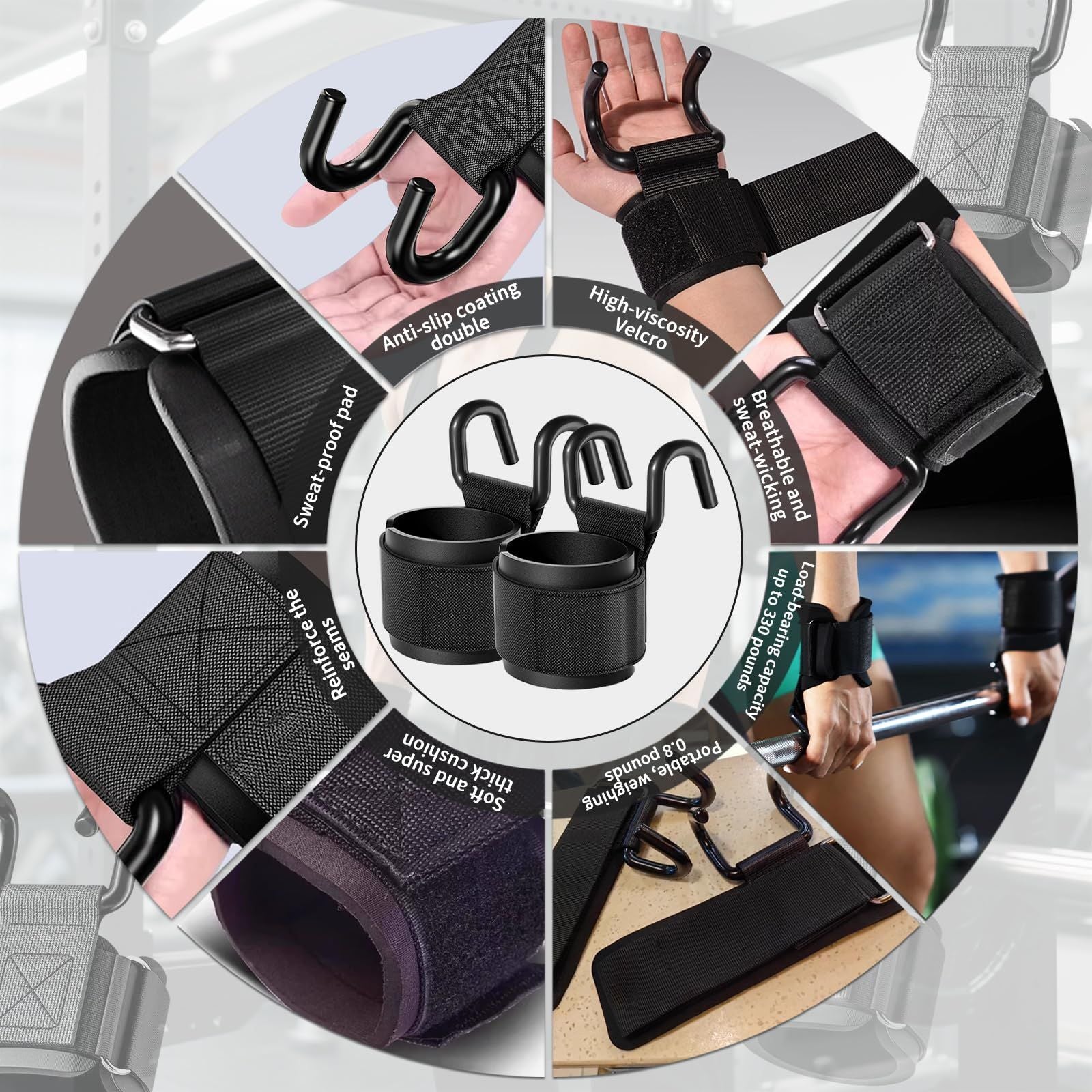 Weight Lifting Hooks (Pair), Wrist Strap Hooks for Weightlifting, Adjustable Men and Women Gym Lifting Straps Hook for Pull-Ups, Deadlifts, Strength Training, and Fitness Workouts