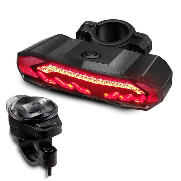 Smart Bike Tail Light with Turn Signals, Rechargeable Bicycle Horn Bike Alarm with Remote, Auto-Sensing Bike Turn Signals Light Alarm（Bracket remote control）