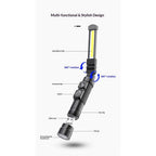 Foldable Rechargeable LED Work Light, LED Slim Work Light with Magnetic Base. Ultra Bright Flashlight, Cast Aluminum, Mechanics, Car Repair, Outdoor, Camping, Emergency, Garage
