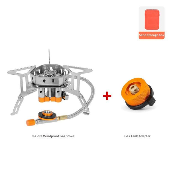 Windproof Camp Stove Camping Gas Stove with Fuel Canister Adapter, Piezo Ignition, Portable Collapsible Stove Burner for Outdoor Backpacking Hiking and Picnic