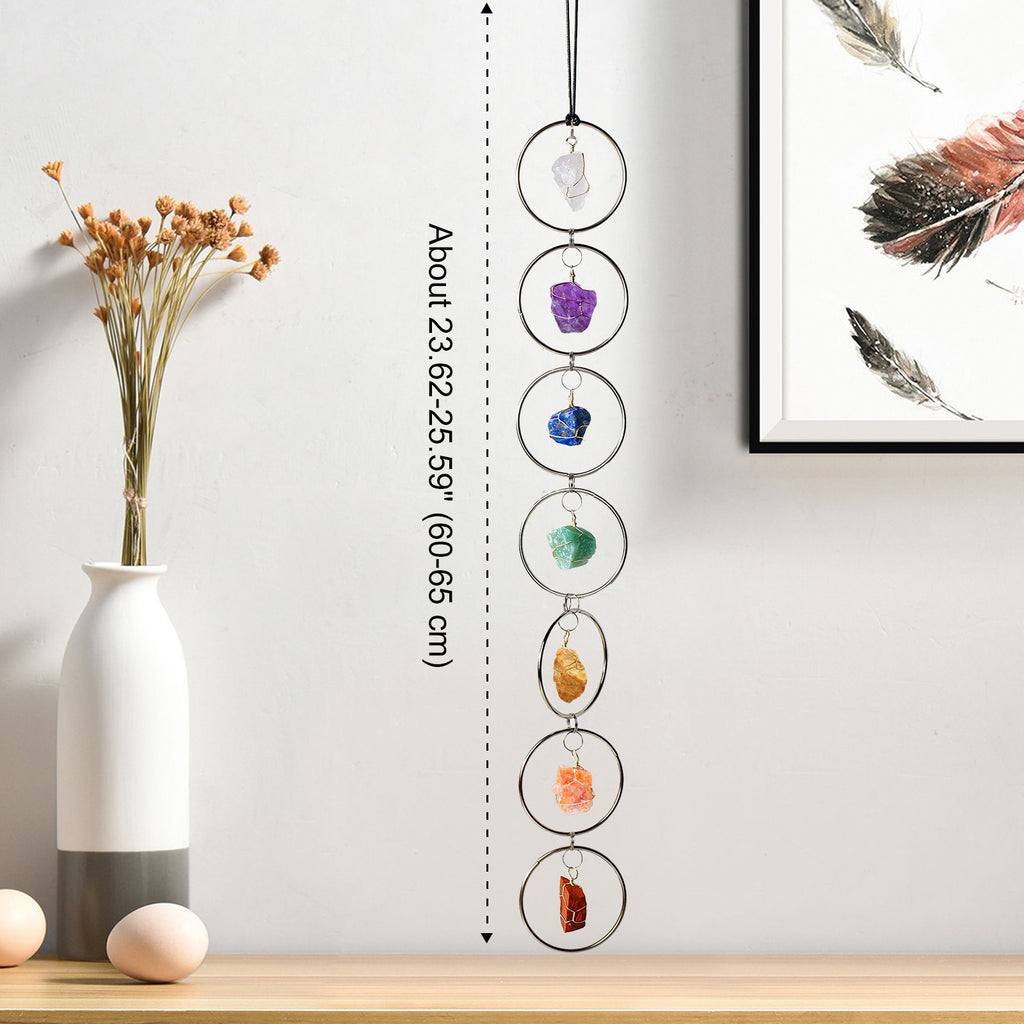 7 Chakra Crystal Hanging Ornament, Unique, Spiritual Boho Wall Decor, Raw Chakra Stones Amethyst Suncatcher, Rose Quartz Crystal (Gold)