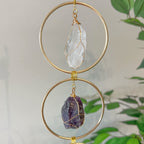 7 Chakra Crystal Hanging Ornament, Unique, Spiritual Boho Wall Decor, Raw Chakra Stones Amethyst Suncatcher, Rose Quartz Crystal (Gold)