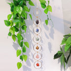 7 Chakra Crystal Hanging Ornament, Unique, Spiritual Boho Wall Decor, Raw Chakra Stones Amethyst Suncatcher, Rose Quartz Crystal (Gold)
