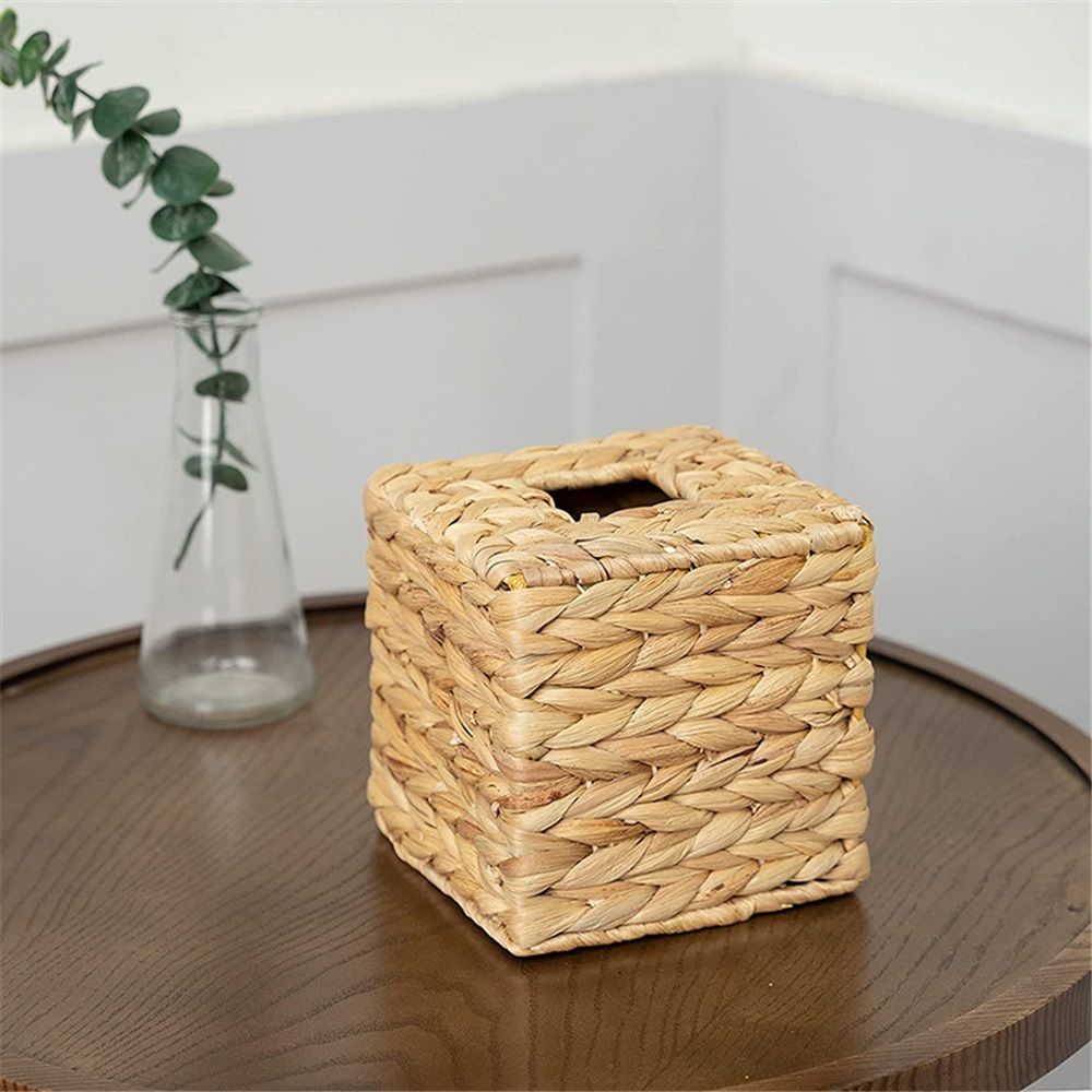 Water hyacinth grass Tissue Box Cover, Rustic Decorative Wicker Water Hyacinth Tissue Box Cover Square for Desk Home spa Office (14.5*14.5*15cm)