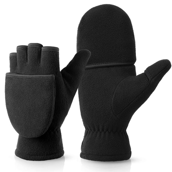 Windproof 2 in 1 Half-finger Flip Thermal Winter Gloves - Black S