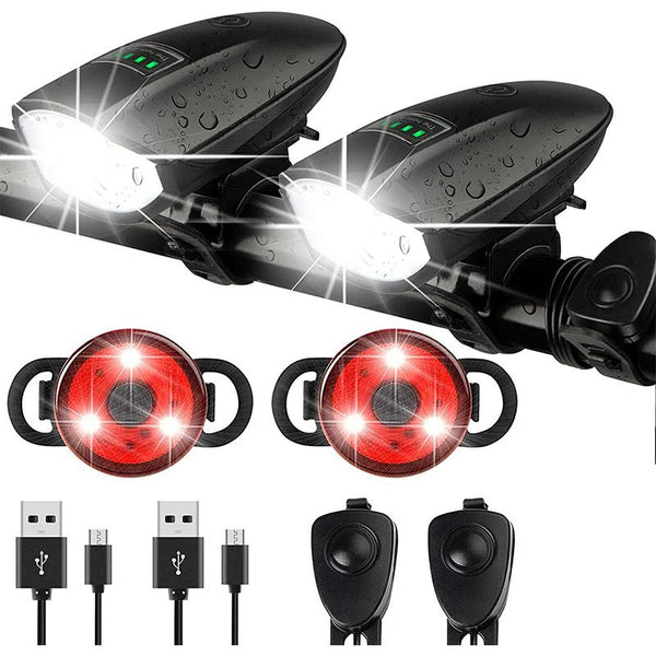 Bike Lights Set with Horn 1400LM USB Rechargeable Bicycle Headlight & Tail Light & Horn Waterproof 3 Lighting Modes Fits Bicycles for Road and Mountain