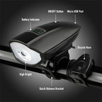 Bike Lights Set with Horn 1400LM USB Rechargeable Bicycle Headlight & Tail Light & Horn Waterproof 3 Lighting Modes Fits Bicycles for Road and Mountain
