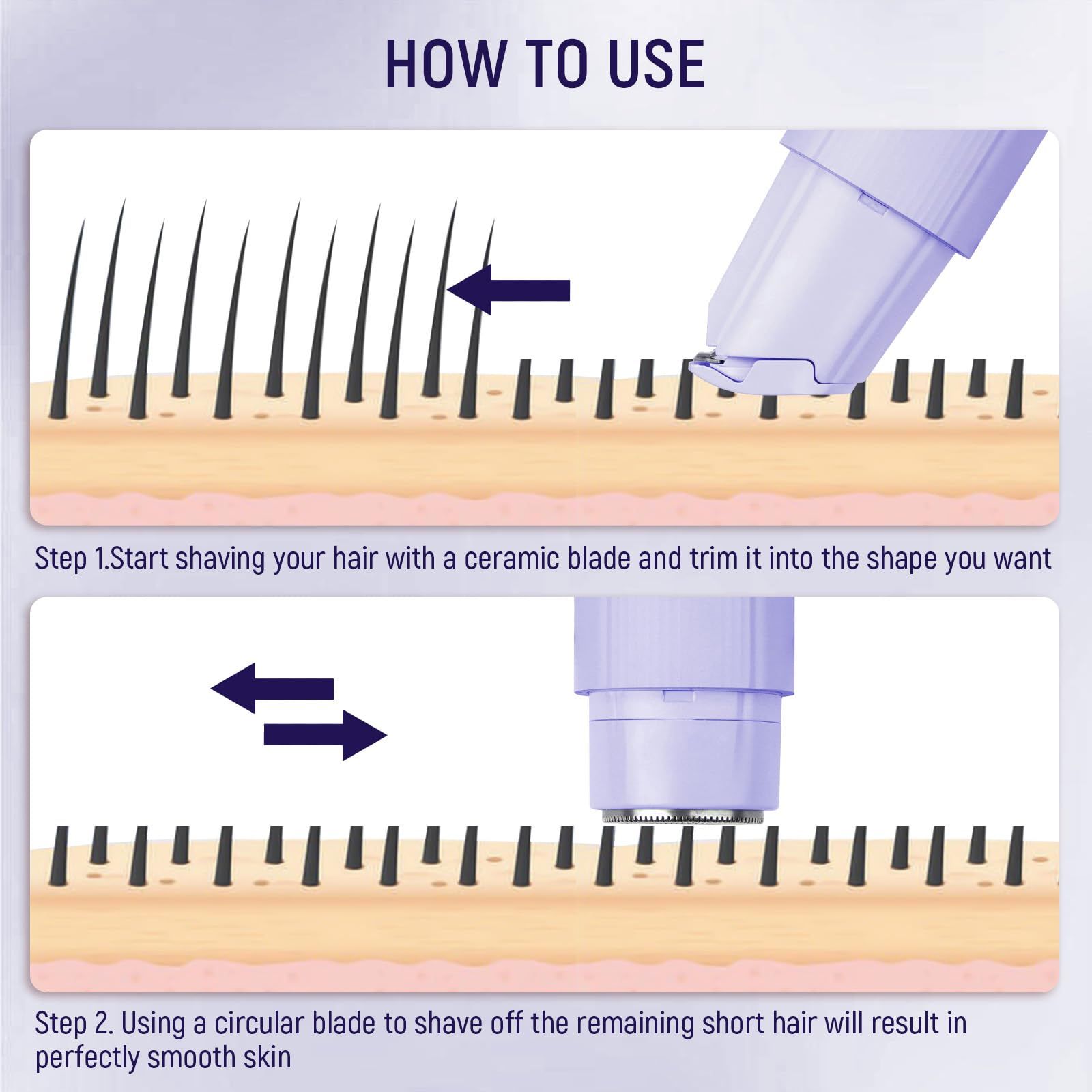2 in 1 Bikini Trimmer for Women, Dual Head Electric Razor,Wet/Dry Use Women Electric Shaver, Painless Body Facial Hair Remover for Bikini Legs Arm Underarm,(Purple16.5*3.2*2.8cm)