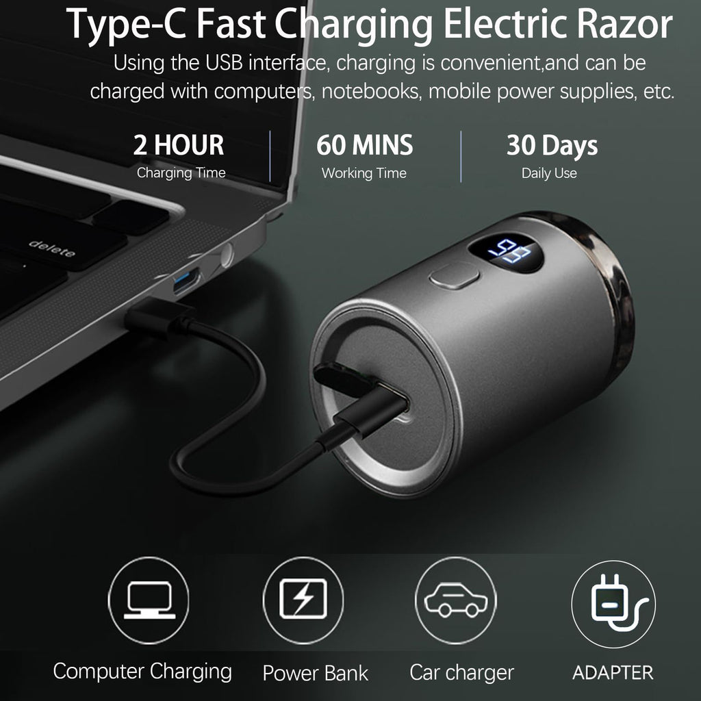 Electric Mini Razor Pockets Shaver for Men,Floating Big Shave Head Quick Shave, Waterproof Mini Portable Shaver, Charge  Power Display Mini Trimmer, Great for Travel,Car,Home Use (Gray)