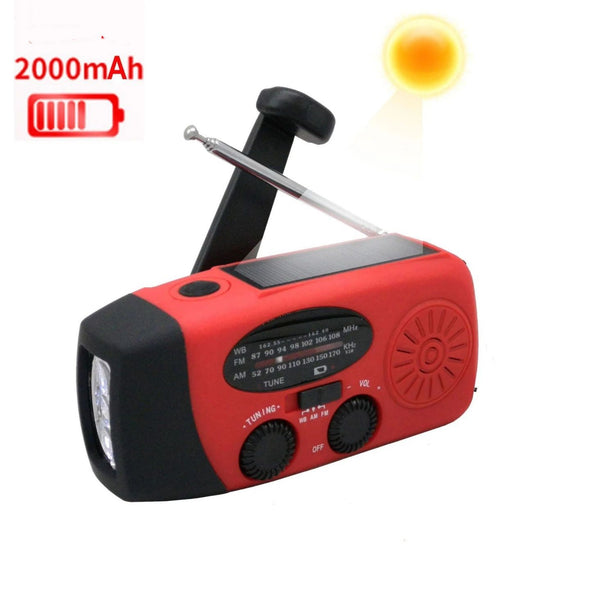 Solar Hand Crank Emergency Weather Radio,Portable Radio with 3  Flashlight 2000mAh Power Bank Cellphone Charger（red,12.9*6*5cm)
