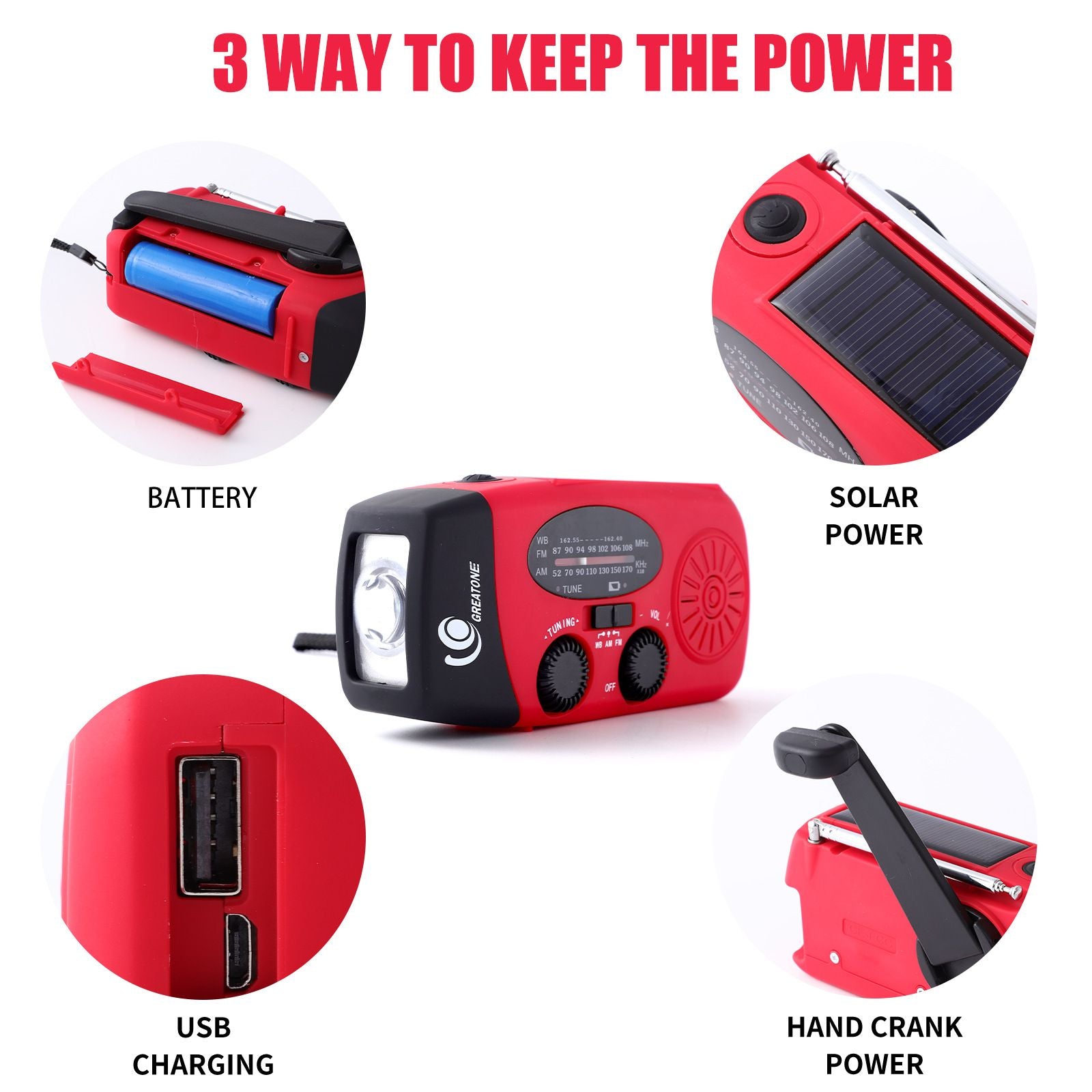 Solar Hand Crank Emergency Weather Radio,Portable Radio with 3  Flashlight 2000mAh Power Bank Cellphone Charger（red,12.9*6*5cm)