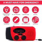 Solar Hand Crank Emergency Weather Radio,Portable Radio with 3  Flashlight 2000mAh Power Bank Cellphone Charger（red,12.9*6*5cm)