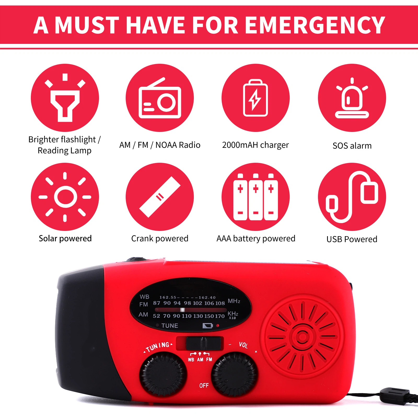 Solar Hand Crank Emergency Weather Radio,Portable Radio with 3  Flashlight 2000mAh Power Bank Cellphone Charger（red,12.9*6*5cm)