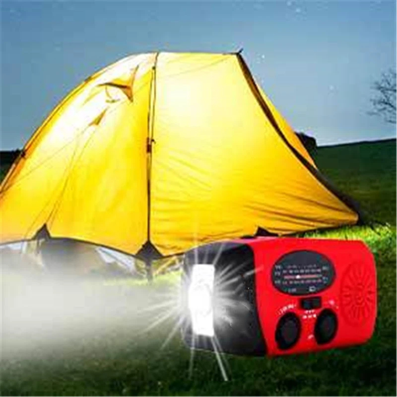 Solar Hand Crank Emergency Weather Radio,Portable Radio with 3  Flashlight 2000mAh Power Bank Cellphone Charger（red,12.9*6*5cm)