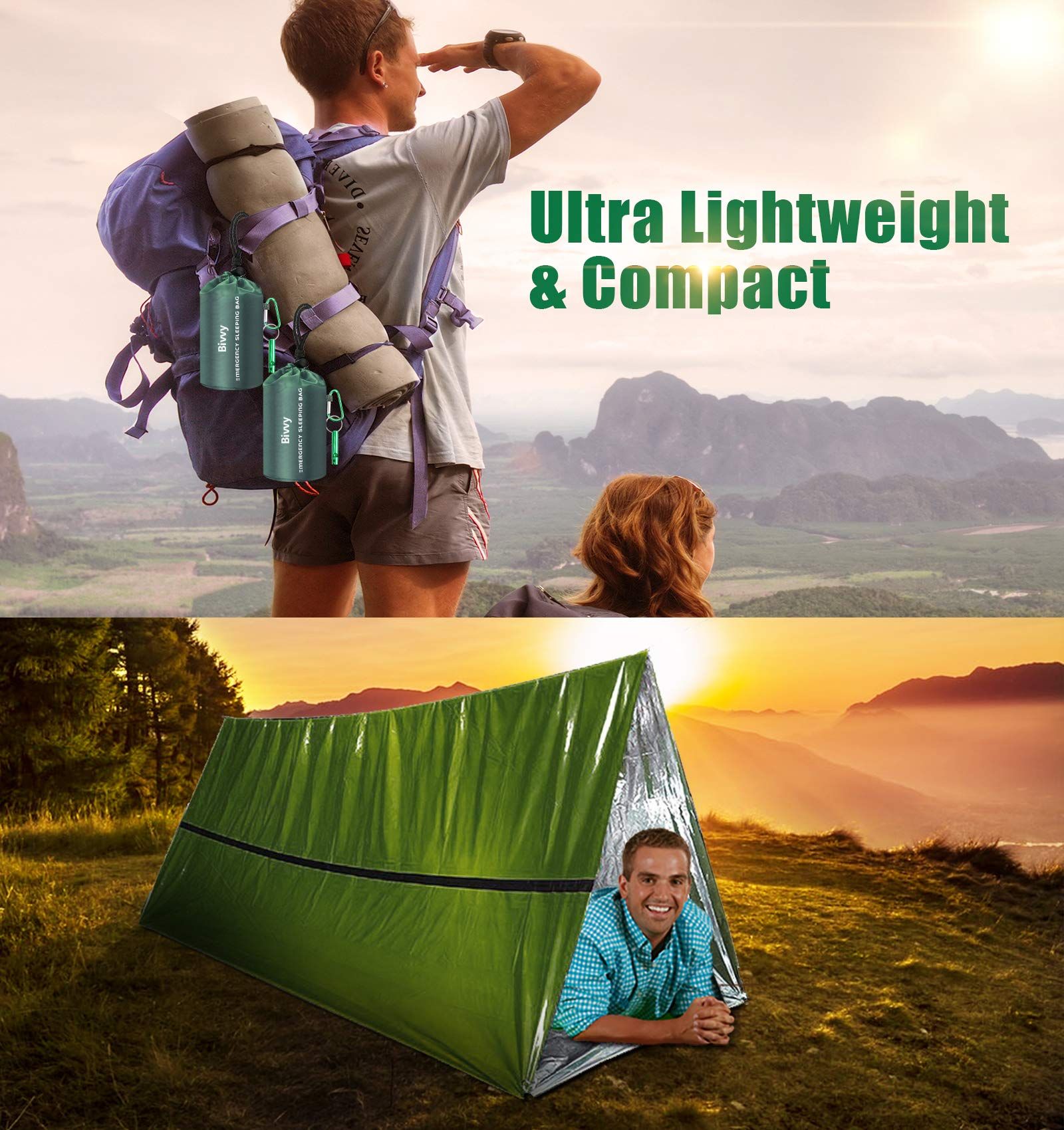 Emergency Sleeping Bag, Portable Emergency Blanket Thermal Bivy Sack, Waterproof Lightweight Survival Gear with Compass for Camping Hiking Outdoor Adventure240*150cm，3pcs，green，Send a whistle