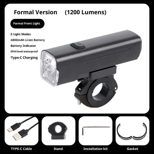 1200 Lumens Waterproof USB-C Rechargeable Aluminum Bike LED Headlight