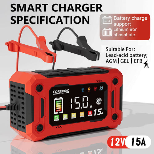 15-Amp Battery Charger, 12V  Lithium iron phosphate battery Car Battery Charger Trickle Charger Smart Battery Maintainer w/Temp Compensation for Car Truck Lawn Mower Boat Marine