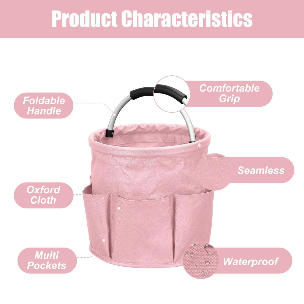 17L portable shower bucket with 6 side pockets, foldable cleaning cart with handle, multifunctional storage basket for showering and picnicking, pink