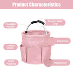 17L portable shower bucket with 6 side pockets, foldable cleaning cart with handle, multifunctional storage basket for showering and picnicking, pink