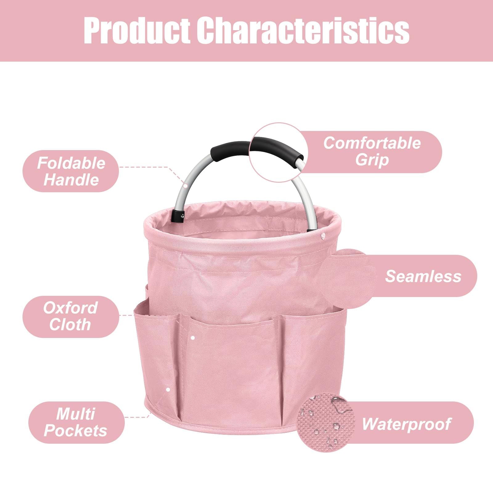 17L portable shower bucket with 6 side pockets, foldable cleaning cart with handle, multifunctional storage basket for showering and picnicking, pink