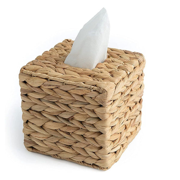 Water hyacinth grass Tissue Box Cover, Rustic Decorative Wicker Water Hyacinth Tissue Box Cover Square for Desk Home spa Office (14.5*14.5*15cm)
