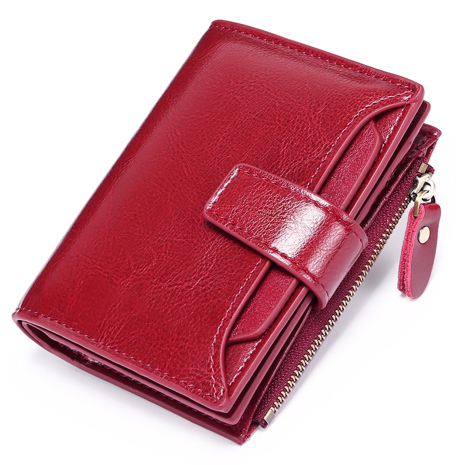 Women's Small Leather Blocking Bifold Zipper Pocket Wallet Ladies Credit Card Slots Purse, Pocket Wallet Card Case Purse with ID Window (red)