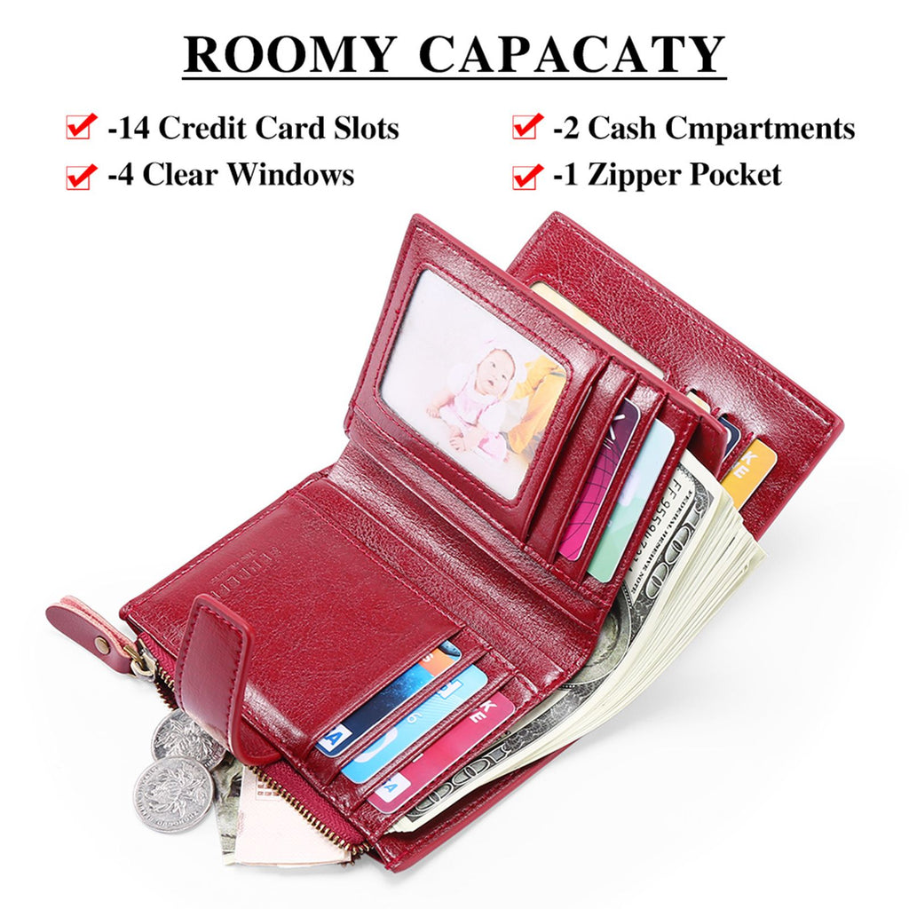 Women's Small Leather Blocking Bifold Zipper Pocket Wallet Ladies Credit Card Slots Purse, Pocket Wallet Card Case Purse with ID Window (red)