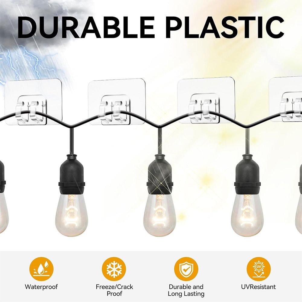 Hooks for Outdoor String Lights Clips: 50Pcs Heavy Duty Light Hook with Waterproof Adhesive Strips - Outside Clear Cord Holders for Hanging Christmas Lighting - Outdoors Sticky Clip
