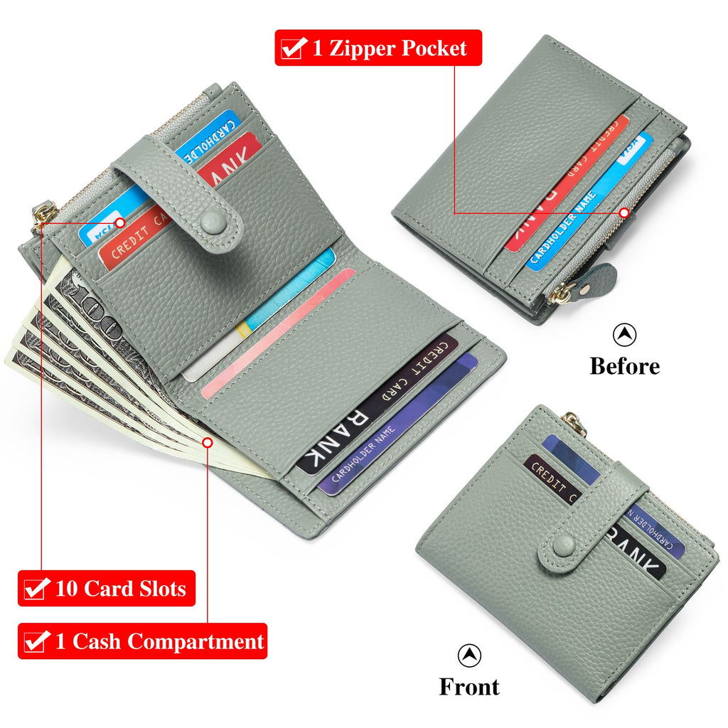 Womens Wallet Small Leather Blocking Zipper Pocket Wallet Card Case Purse with ID Window（grayish green, There is only one wallet）