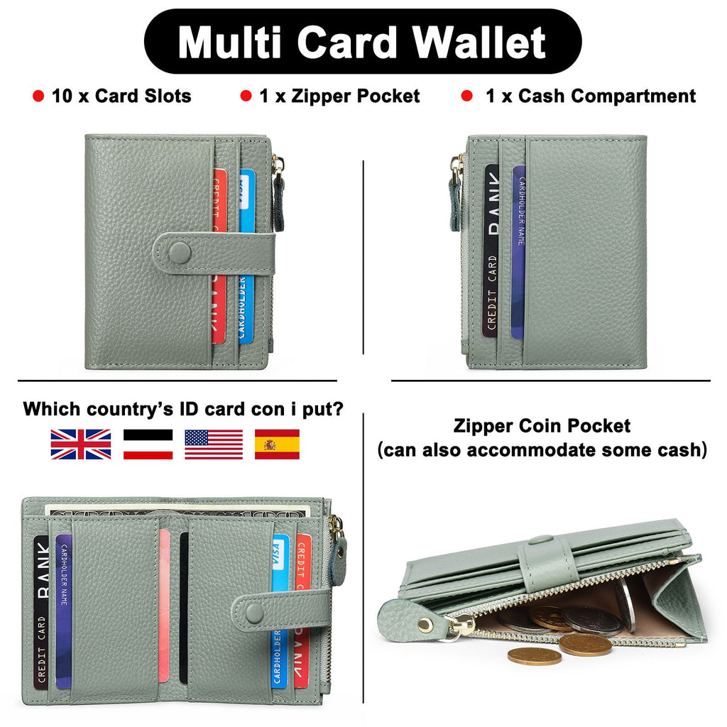 Womens Wallet Small Leather Blocking Zipper Pocket Wallet Card Case Purse with ID Window（grayish green, There is only one wallet）