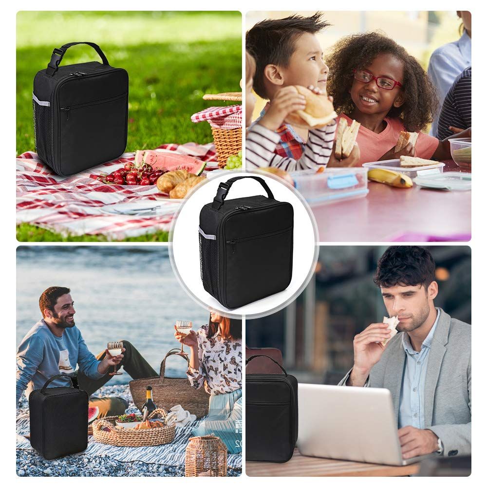 Leakproof Portable Lunch Box for Women Men Boys Girls, Large Capacity Cooler Bag with Handle and Bottle Pocket for Office School Camping Hiking Outdoor Beach Picnic (Black)