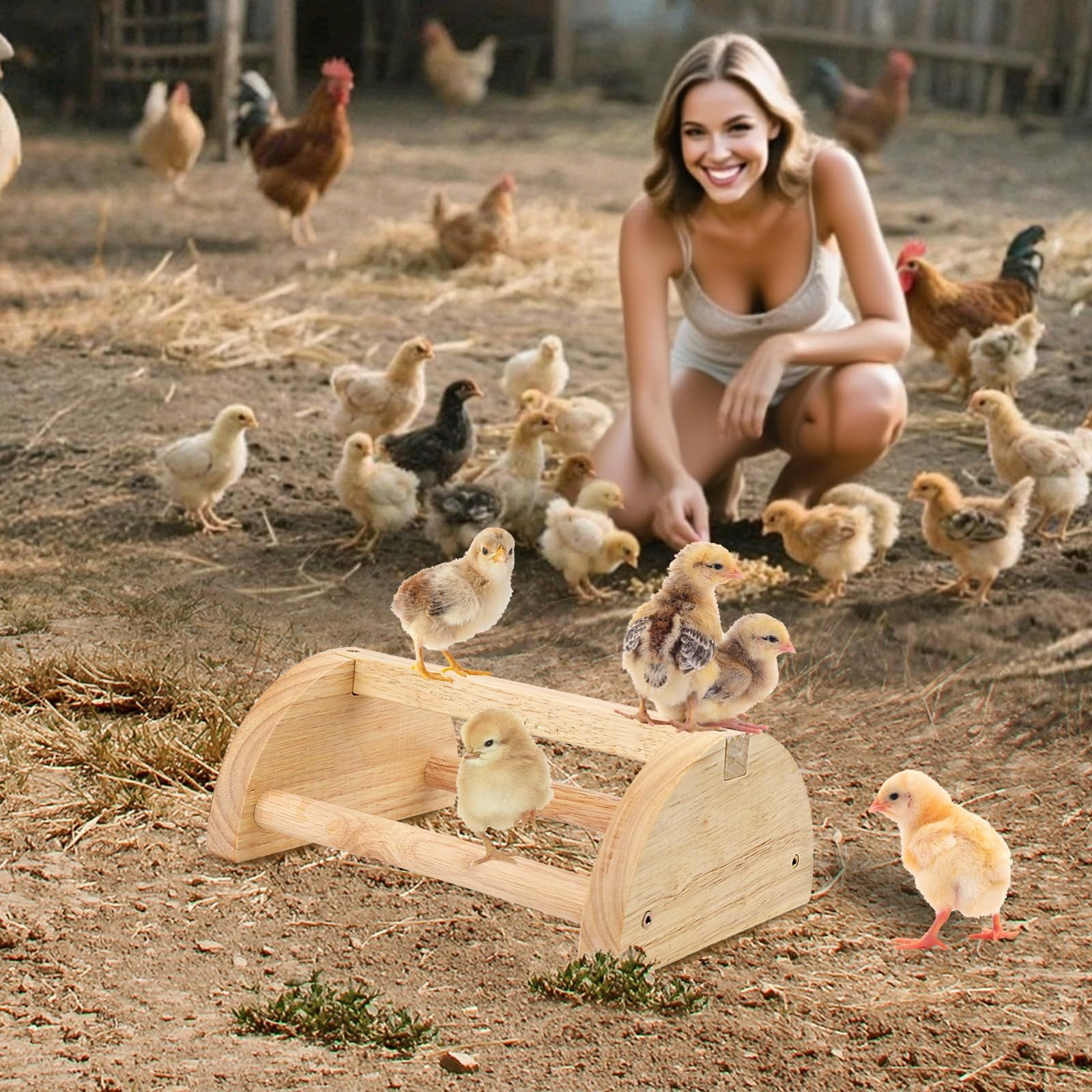Large Wood Pine Chick Perch, Wooden Perch Chicks Toys for Coop and Brooder, Strong Chicken Jungle Gym Roosting Bar for Baby Chicks with a mirror