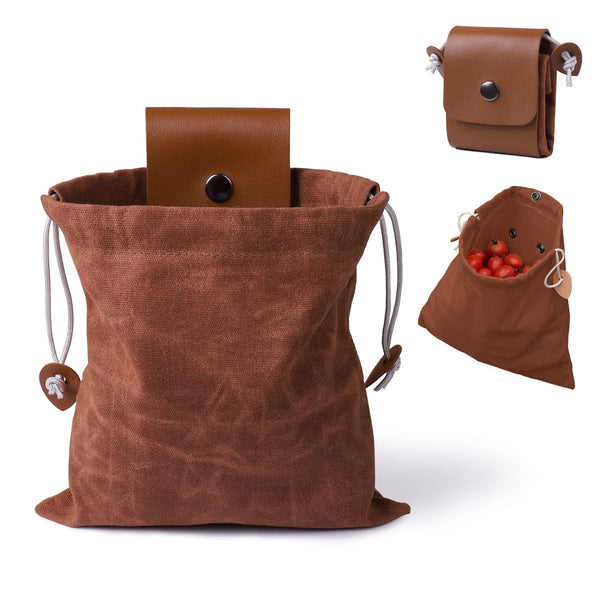 2 pack Foraging Bag, Outdoor Picking Fruit Bags, Waxed Canvas Foraging Pouch, Foldable Leather Belt Pouch with Drawstring Multi-Purpose Picking Bag for Camping, Shells, Treasures, Travel, Hiking