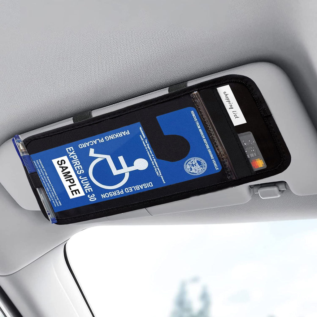 3pcs Handicap Placard Holder for Auto,  Disabled Parking Permit Sign Protector for Car Sun Visor with Note Paper Slot, Pen Holder and Elastic Strap - Black