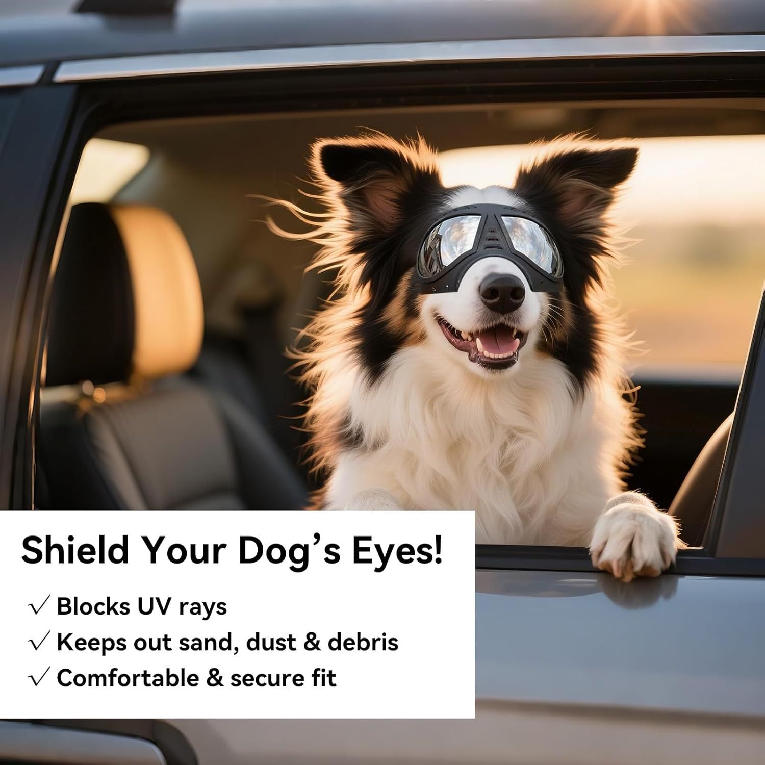 Large Dog Goggles, Windproof Snowproof Anti-UV Dog Sunglasses for Medium to Large Breed Eye Protection, Soft Frame with Adjustable Straps, Black