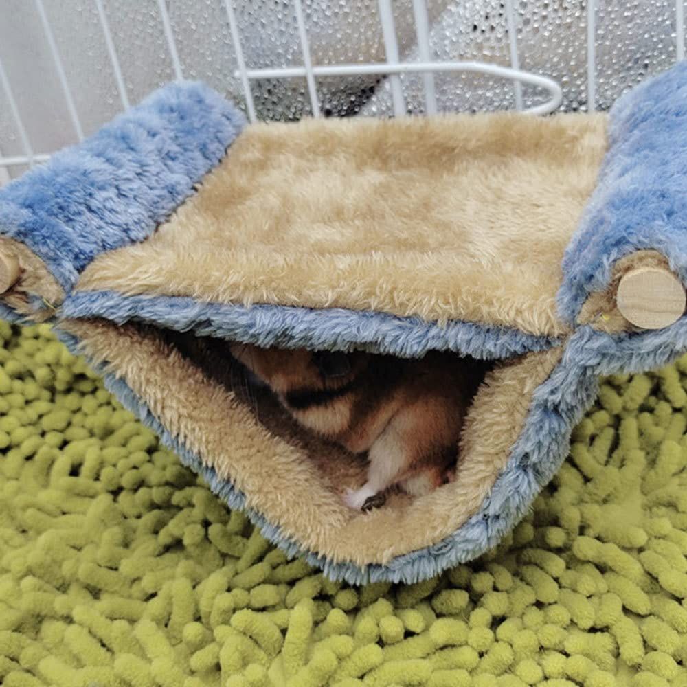 Winter  Rat Hammock, Double Layer Hanging Birds Nest Bed with Warm Fleece, Bird Cage Stand Perch, Hideaway Cave Tent, Sleep Bed Cage Accessories for Rat, Guinea Pig, Chinchilla (Blue S)