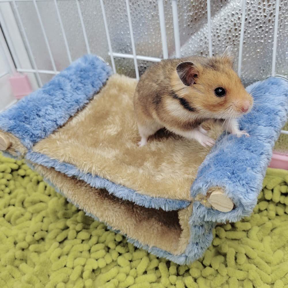 Winter  Rat Hammock, Double Layer Hanging Birds Nest Bed with Warm Fleece, Bird Cage Stand Perch, Hideaway Cave Tent, Sleep Bed Cage Accessories for Rat, Guinea Pig, Chinchilla (Blue S)
