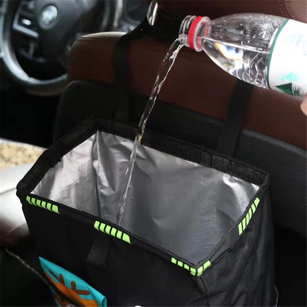 2pcs Hanging Car Trash Can with Storage Pockets, Waterproof Leakproof Oxford Auto Garbage Bag, Multi-Use Organizer for Outdoor Traveling,Home (Black printed green ribbon)