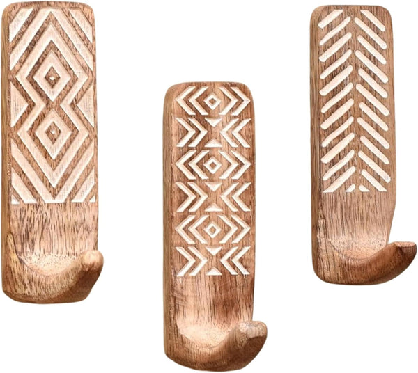 3Pcs Decorative Wood Adhesive Wall Hooks for Hanging Coats, Keys, Etc