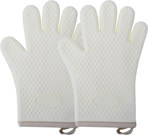1 Pair Heat Resistant Waterproof Non-Slip Silicone Kitchen Oven Mitts - Beige