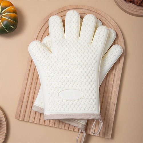 1 Pair Heat Resistant Waterproof Non-Slip Silicone Kitchen Oven Mitts - Beige